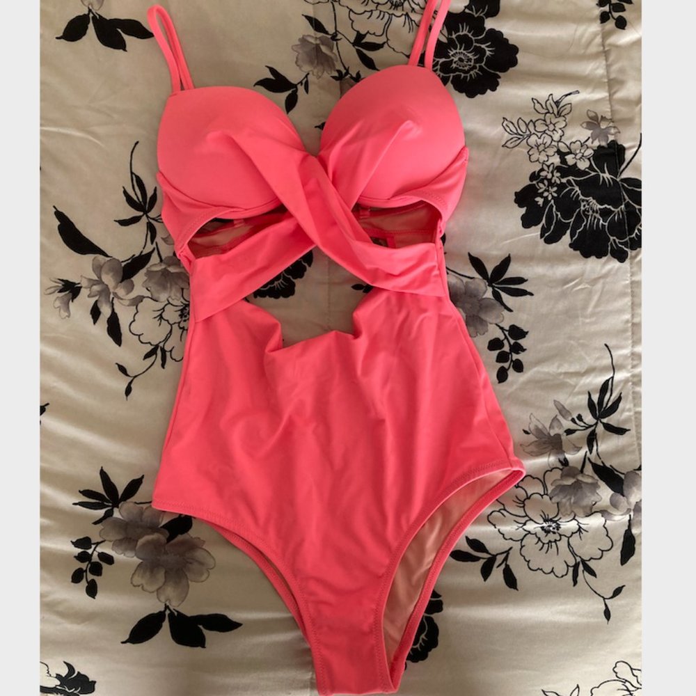 Coral Pink One-Piece Cut Out Swimsuit - Picture 2 of 7